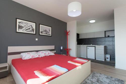 een slaapkamer met een groot rood bed en een keuken bij Villa Nada in Ohrid