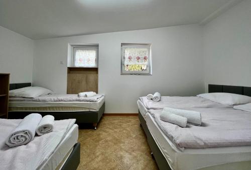 Cette chambre comprend 3 lits et une fenêtre. dans l'établissement Domek nad Wartą, à Międzychód