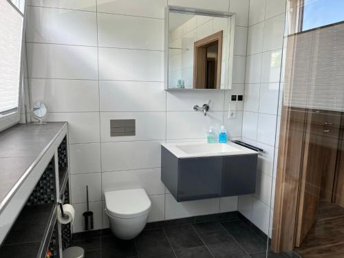 bagno con lavandino, servizi igienici e specchio di Gästezimmer Am Haarhaus a Ostbevern