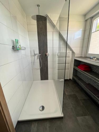 La salle de bains est pourvue d'une douche avec une porte en verre. dans l'établissement Gästezimmer Am Haarhaus, à Ostbevern