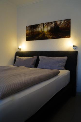 a bed with two pillows and a painting on the wall at Kuckuckstraum in Schönwald