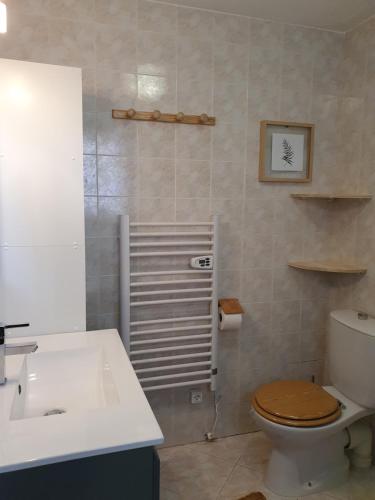 ein Badezimmer mit Toilette und Waschbecken in der Unterkunft Villa les palmiers -Stretta di i mandarini in Lucciana