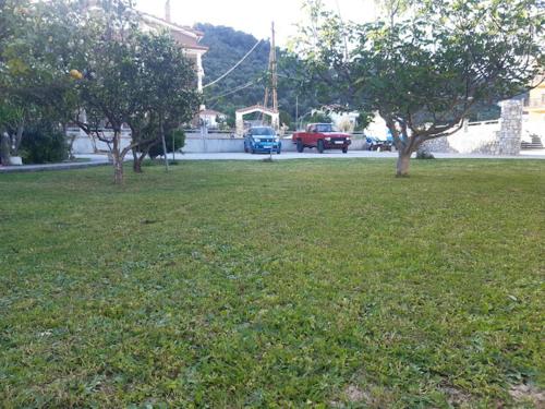a field of grass with trees and a street at Skiathos Maria Apartments in Skiathos Town