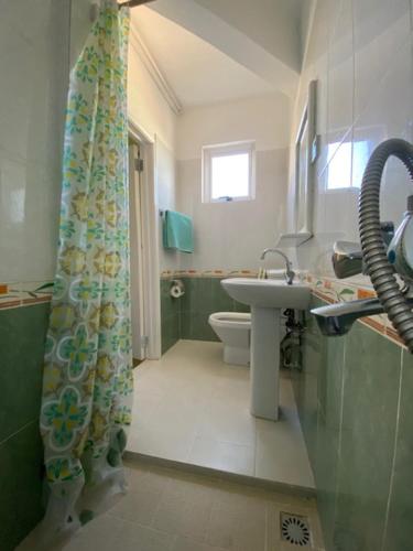 a bathroom with a sink and a shower curtain at Aadi Villa in Mont Choisy