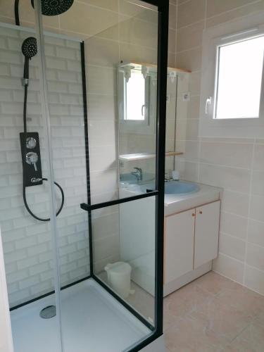 une salle de bain avec douche et lavabo dans l'établissement La CABANE AUX ECREVISSES - LES PIEDS DANS L'EAU, à Châteauneuf-les-Bains