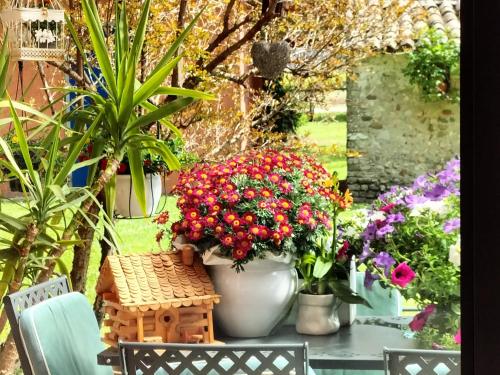 a table with flowers and plants on it at B&B Terre Di Bea in Pederobba