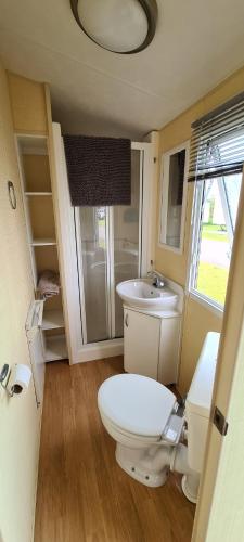 a bathroom with a toilet and a sink at Willerby Calypso in Looe