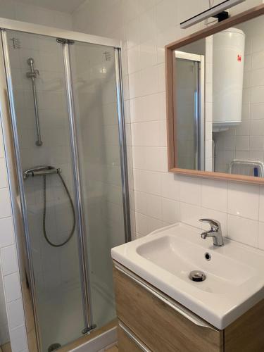 a bathroom with a sink and a shower at Résidence Fort de l'Eve - Studio 300m plage M Hulot, chemin côtier, commerces - St Marc sur Mer proche La Baule Pornichet in Saint-Nazaire