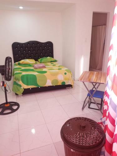 a bedroom with a bed and a table and a chair at Wilkan Hotel in Las Terrenas
