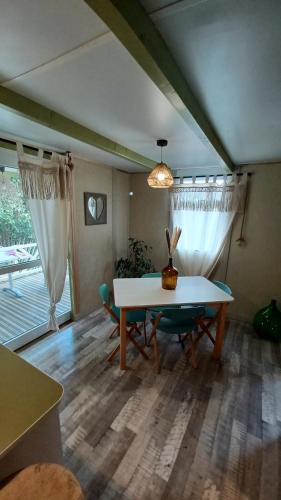 un salon avec une table et un canapé dans l'établissement Le petit chalet de Charlène, à San-Gavino-di-Carbini