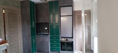 a kitchen with green cupboards and a sink at Tajna037 in Kruševac