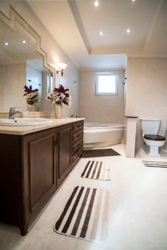 a bathroom with a sink and a tub and a toilet at Akrata's Elegant Luxury Suite in Akrata