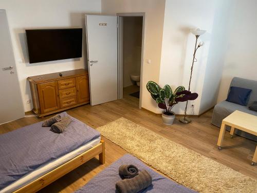 a living room with a bed and a flat screen tv at Usedlost Pivoňka in Mnichov