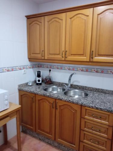 - une cuisine avec des placards en bois et un évier dans l'établissement Acera del Rio, à Cordoue