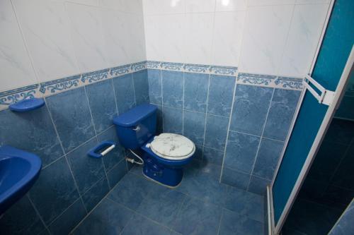 Karey Apartamentos By Danp في سانتا مارتا: حمام به مرحاض أزرق ومغسلة