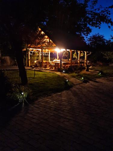 une maison éclairée la nuit avec des lumières dans l'établissement OPG DIJANA, à Kopačevo