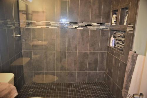 Historic Sebring Downtown Home في سيبرينغ: حمام مع دش ومرحاض وكاميرا