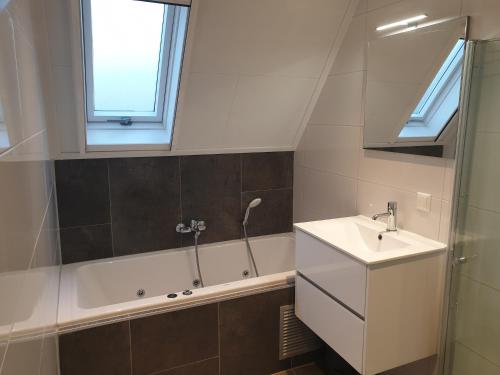 een badkamer met een wastafel en een bad bij Gezellig vakantiehuis 't Gramsbergje in Gramsbergen