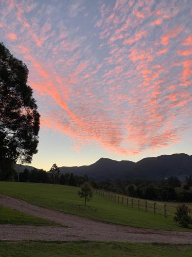 a sunset with pink clouds in the sky over a field at Thamarra Cottage in Gleniffer