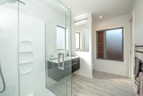uma casa de banho com uma cabina de duche em vidro e um lavatório. em Pinot Paradise em Martinborough