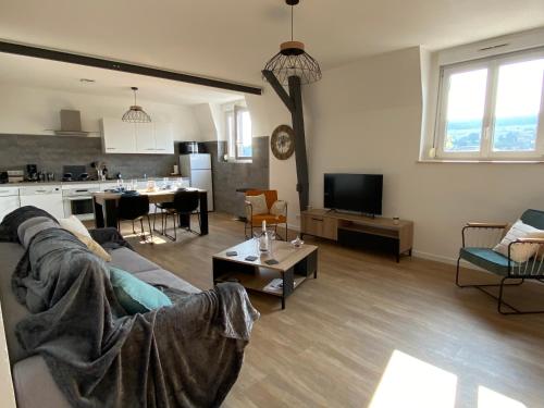 un salon avec un canapé et une cuisine dans l'établissement L’ÉLÉGANT: 80m2 vue sur vignoble au Centre d’Epernay!!, à Épernay