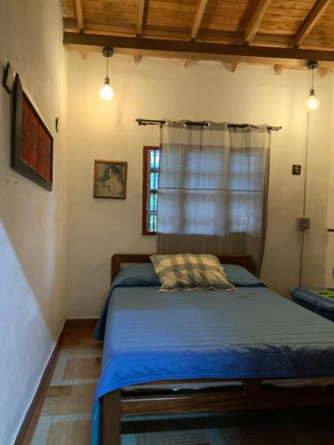 1 dormitorio con cama con sábanas azules y ventana en Galicia, cabaña junto a un bosque y a Cascada en Jardín