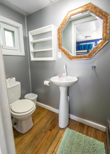 a bathroom with a toilet and a sink and a mirror at Moon Apartments in Utila
