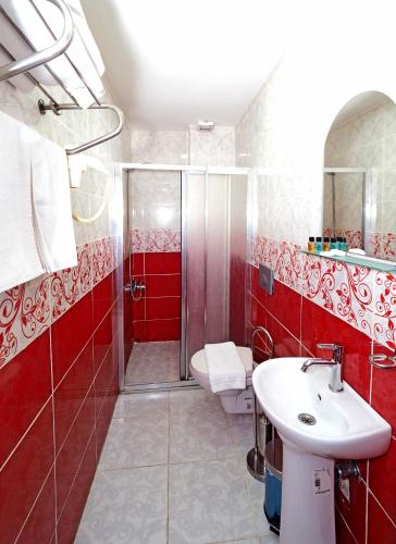 a bathroom with a shower and a toilet and a sink at Seyri Istanbul Hotel in Istanbul
