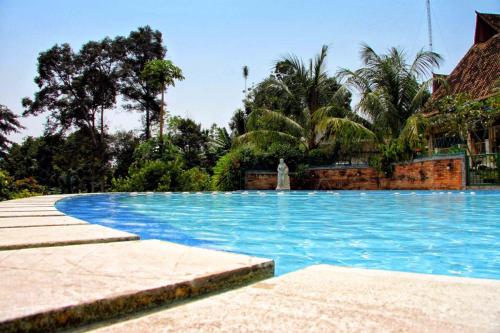a large blue swimming pool with palm trees in the background at Hotel Deli River and Restaurant Omlandia in Medan