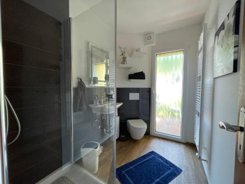 a bathroom with a shower and a sink and a toilet at Gästehaus Trulla in Bremm