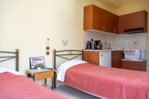 two beds in a small room with a kitchen at Agali Beach Pansion in Mármaron