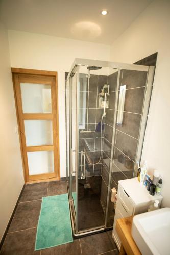 a shower with a glass door in a bathroom at Maison de la Vicomté in Dinard
