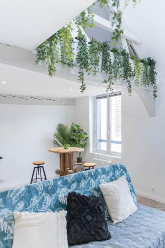 un salon avec un canapé bleu et des plantes dans l'établissement Doux Cocon Tropical au cœur du centre ville, à Troyes