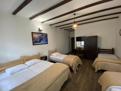 een slaapkamer met 3 bedden in een kamer bij Şelale Konak Çavuş'un Yeri in Rize