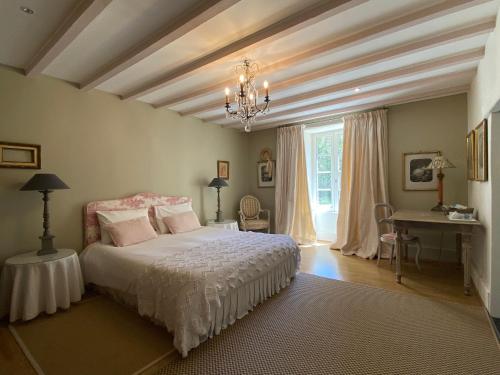 a bedroom with a bed and a chandelier at Clos de Bartinquie in Lalinde