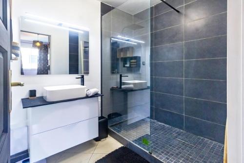 La salle de bains est pourvue d'un lavabo et d'une douche. dans l'établissement Safari - Apt rénové proche des Roches Noires - Saint Gilles les Bains, à Saint-Gilles les Bains