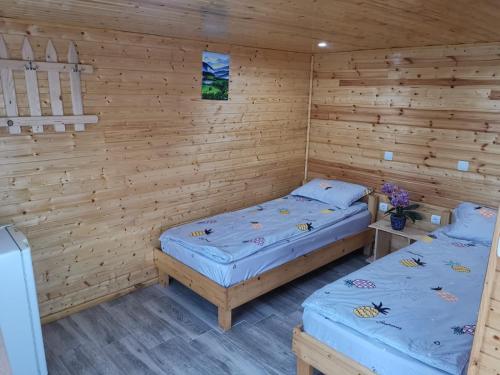Giường trong phòng chung tại Căsuțele Deltei