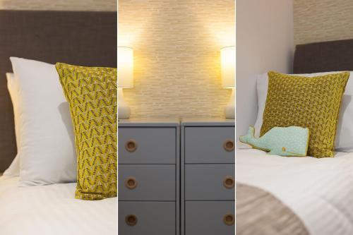 two pictures of a bedroom with a bed and pillows at Harbour Moorings in St Ives