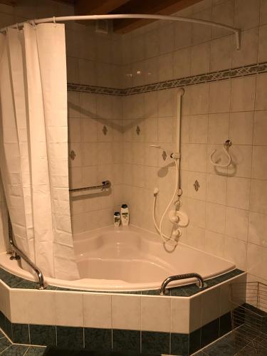 a bath tub in a bathroom with a shower at Jutta Deluxe Farmhouse in Zwettl Stadt