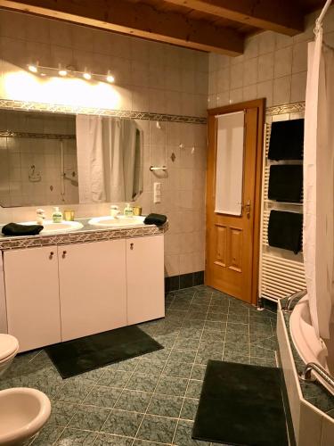 a bathroom with two sinks and a toilet at Jutta Deluxe Farmhouse in Zwettl Stadt