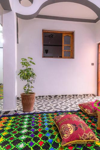 a room with a potted plant on the floor at Amazigh Family Riad in Imlil