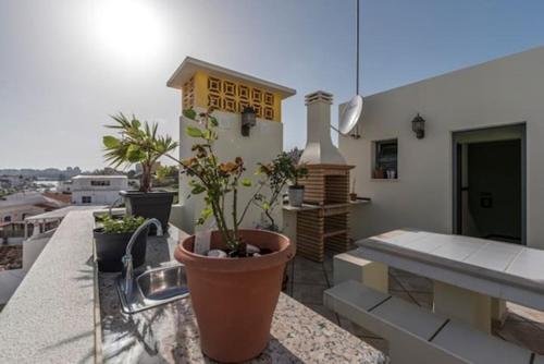 - un balcon avec des plantes en pot au-dessus d'un bâtiment dans l'établissement Edifício Tomás, à Ferragudo