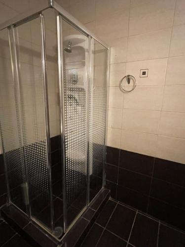 W łazience znajduje się prysznic ze szklanymi drzwiami. w obiekcie Aristotelis w mieście Epidauros