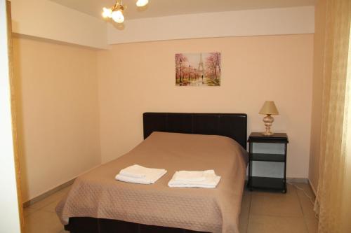 Apartment Ag.Foteinis في أثينا: غرفة نوم عليها سرير وفوط