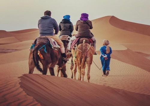 a group of people riding horses in the desert at Mhamid polski desert camp in El Gouera