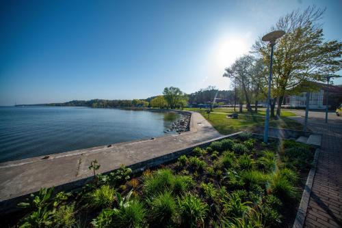 a body of water with a street light and plants at COME2rest - Smilga in Juodkrantė