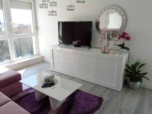 een woonkamer met een tv en een spiegel bij Downtown luxury apartment Emili in Split