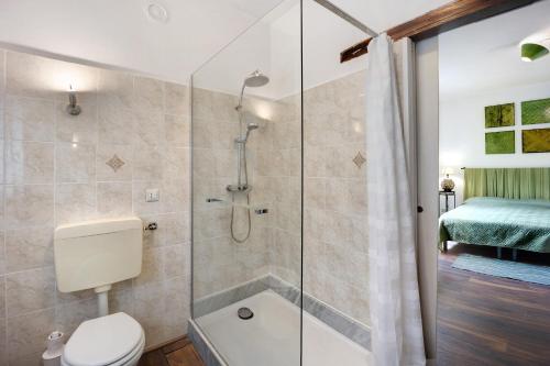 a bathroom with a toilet and a glass shower at Villa La Casa di Giacomo in Pigna