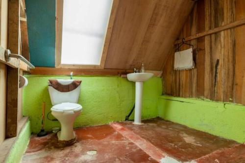 a green bathroom with a toilet and a sink at Cabaña El Descanso #2, Macho M0ra Mountain Lodge in Alaska