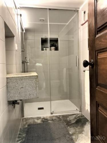 a shower with a glass door in a bathroom at Casa de Ribô in Soajo